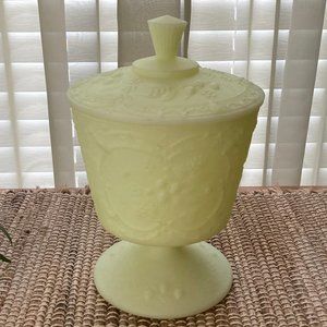 Vintage Fenton Yellow Uranium Custard Glass Pedestal Covered Candy Dish 1970's